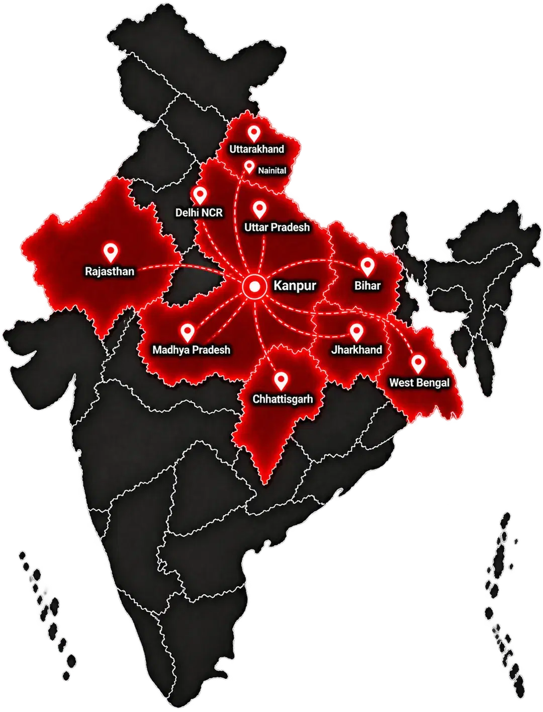 Map of India with delivery routes running outward from Kanpur